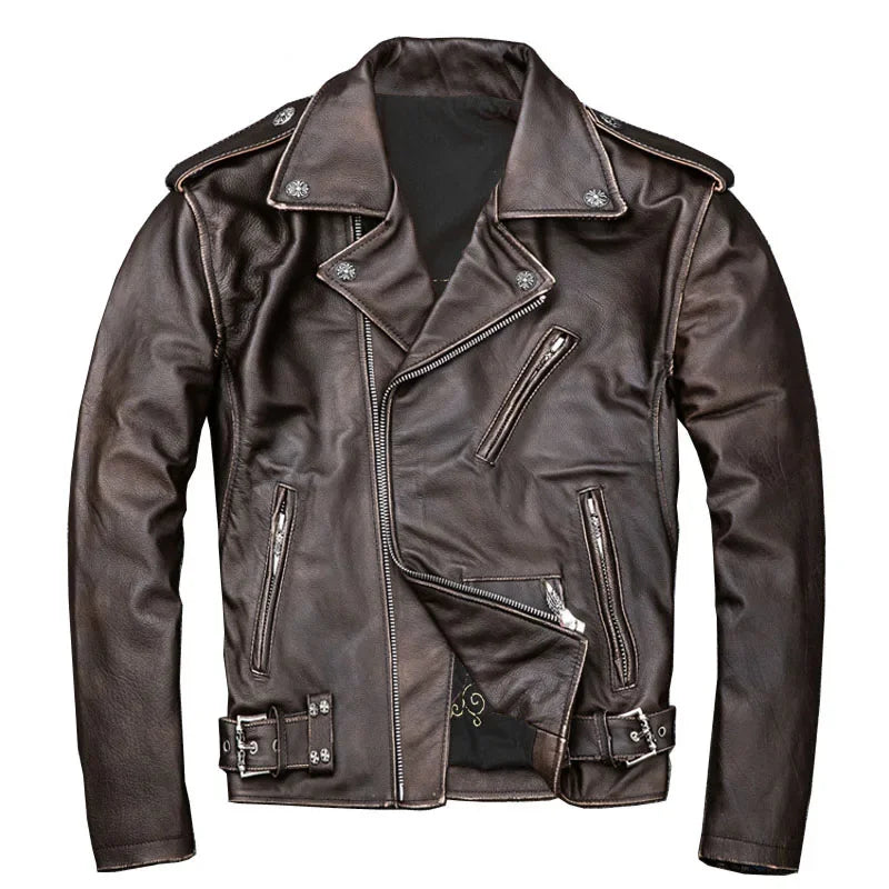 MAPLESTEED Brown Distressed Motorcycle  Men 100% Calf Skin Classic Slim Leather Jacket Man Moto Biker Coat Winter 5XL M190