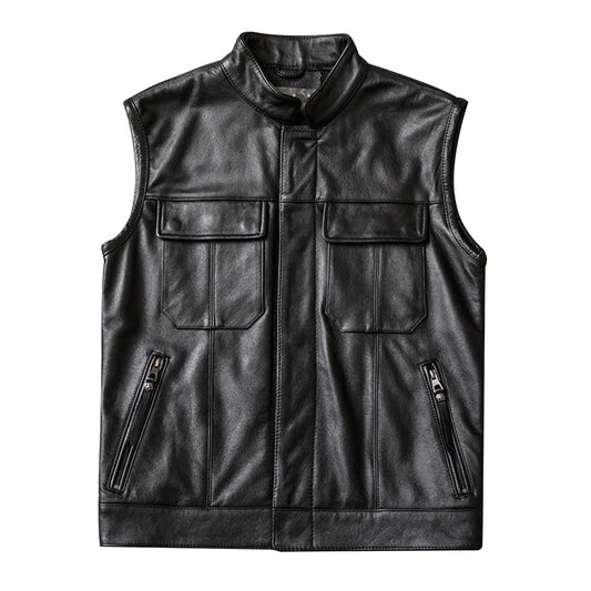 Cowhide Motorcycle Vests Real Cow Leather Jacket Sleeveless Black Moto Biker Vests Slim Fit Club Riding Spring