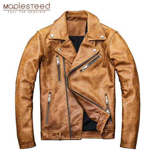 Natural Oil Wax Calf Skin Jackets Men Leather Jacket Thick Turn Down Collar Yellow Brown Men's Skin Coat Winter M098