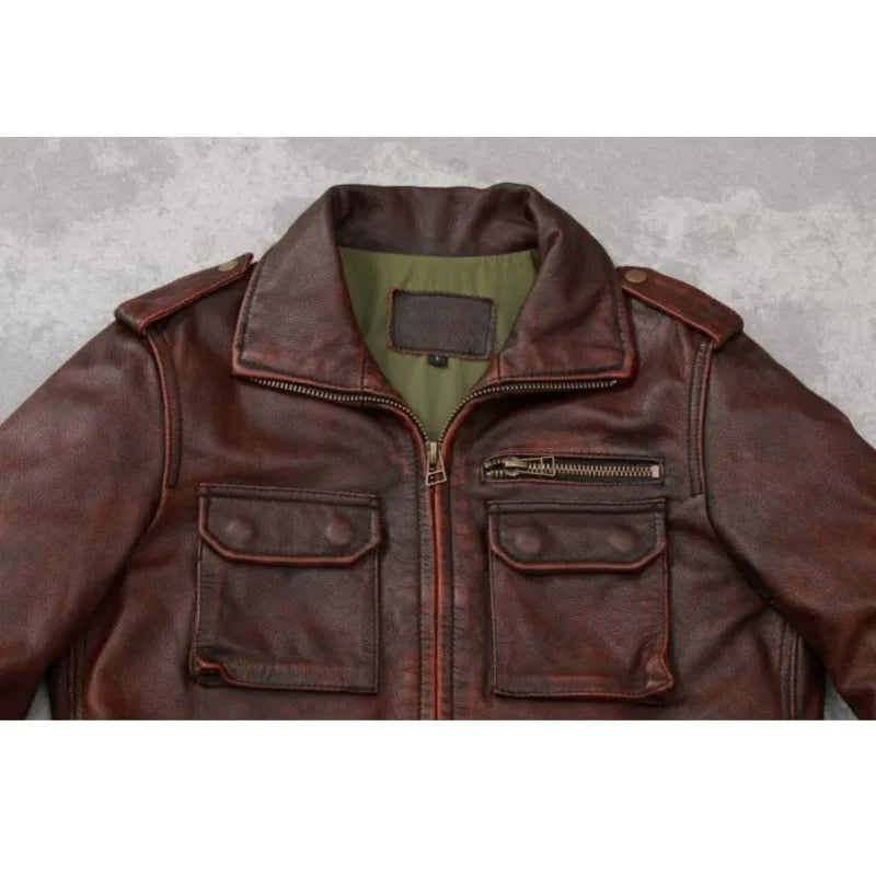 M65 Hunting Leather Jackets Long Vintage Red Brown Genuine Cowhide Men Leather Jacket Pockets Real Skin Coat Autumn 오토바이