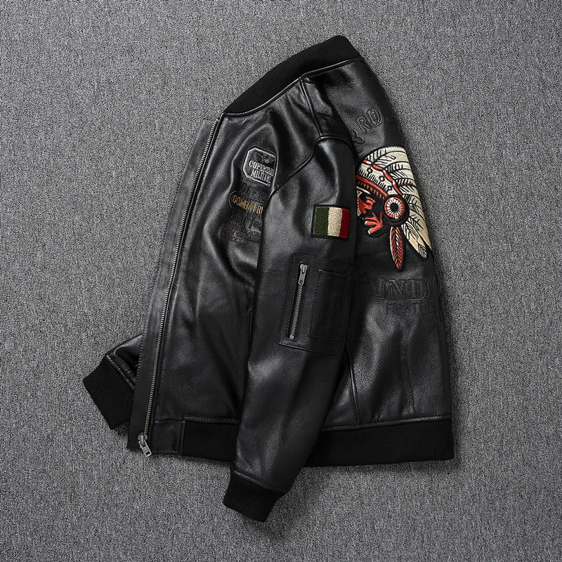 Indian Embroidery Baseball Coat Genuine Cowhide Casual Leather Jackets for Men Leather Jacket Spring Autumn