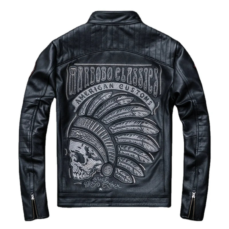 New Black Embroidery Skull Motorcycle Leather Jackets Natural Cowhide Motor Jacket Biker Leather Coat Slim Clothing Racer Coats