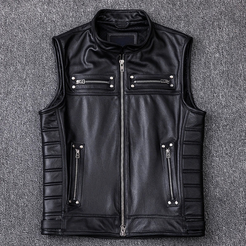 New Genuine Cowhide Leather Vest Men's Motorcycle Biker Vests High Quality Stand Collar Sleeveless Jackets Zipper Waistcoat