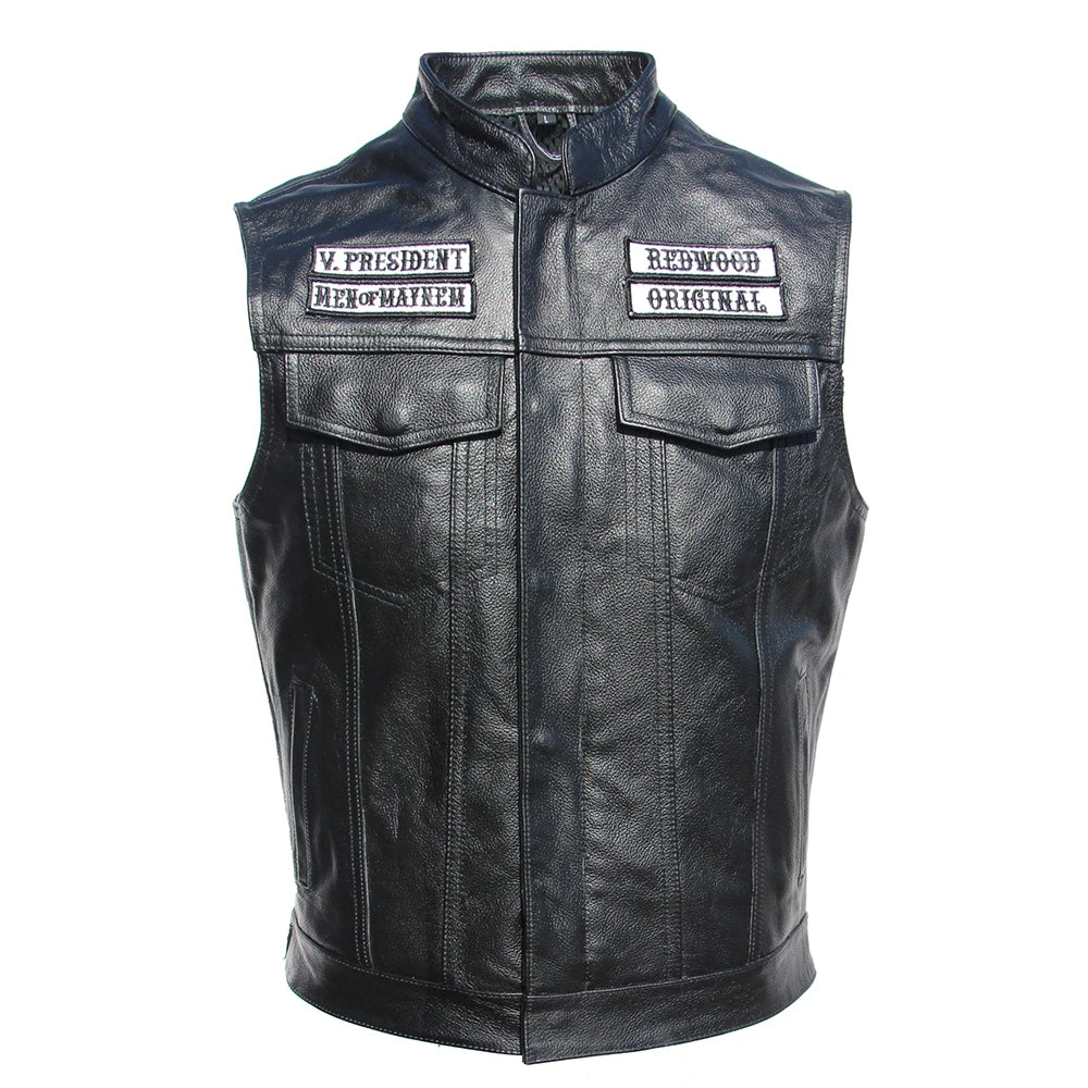 Sons of Anarchy Embroidery Motorcycle Vest Men Leather Sleeveless Jacket Real Cowhide Leather Club Riding Biker Vests M008