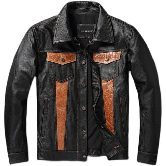 Cow Leather Patchwork Contrasting Lapel Leather Jacket for Men Casual Jacket Leather Coats  Genuine Cowhide Leather Jacket Men