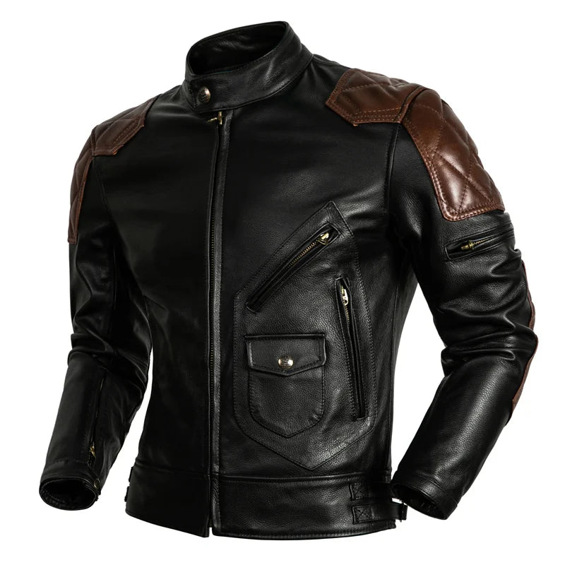 NEW Motorcycle Coat Cowhide Leather Jacket Men's Natural Genuine Leather Clothes Protective Motor Biker Slim Men Riding Coat