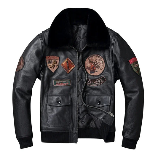 Genuine Cowhide JacketS Men Leather Jacket Thick Warm 8 Patches Flight Suit Removable Fur Collar Air Force Pilot Coat Winter