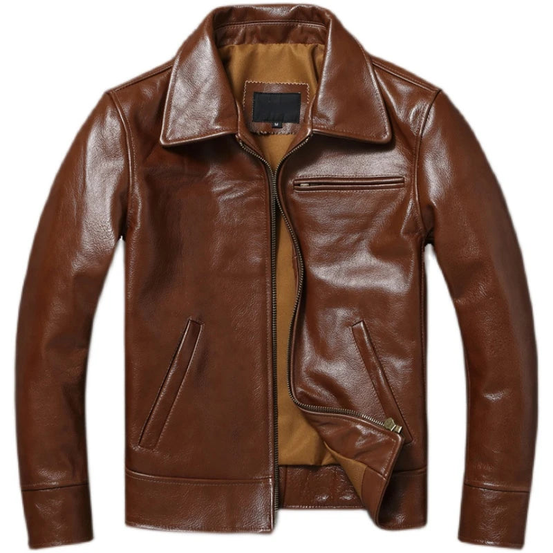 Brown Oil Waxed First Layer Cowhide Leather Jacket Men Fashion Swallowtail Style Slim Fit Leather Coat Men's Clothing Asian Size