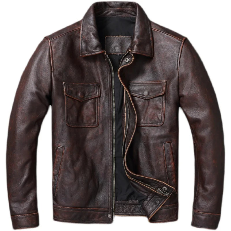 Vintage Brown Red Genuine Leather Jacket Men 100% Cowhide Natural Leather Jackets Man Leather Autumn Clothing Coat Cow Jacket