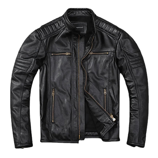 Classical Men Genuine Leather Motorcycle Jackets 100%Top Layer Cowhide Black Biker Coat Spring Autumn Calfskin Leather Jacket