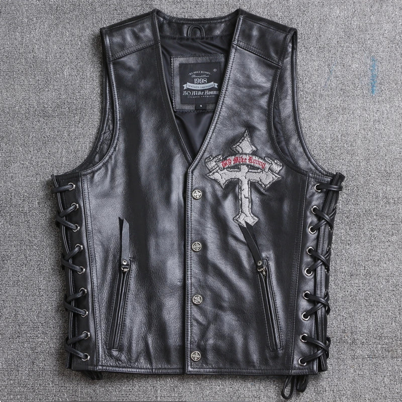 New Skull Embroidered Leather Waistcoat Men's Natural Cowhide Real Leather Slim Motor Vest Cross Motorcycle Biker Vest