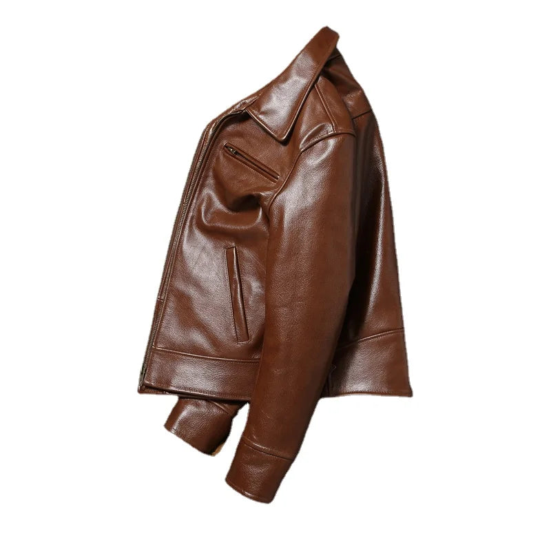 Brown Oil Waxed First Layer Cowhide Leather Jacket Men Fashion Swallowtail Style Slim Fit Leather Coat Men's Clothing Asian Size