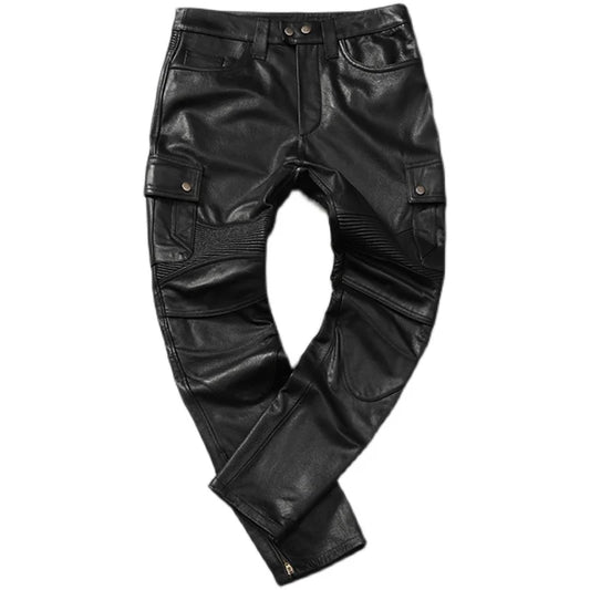 Black Motorcycle Pant Men's Cowhide Genuine Leather Trousers Men Moto Biker Slim Pants with Knee Protectors Pantalon Cuir Homme