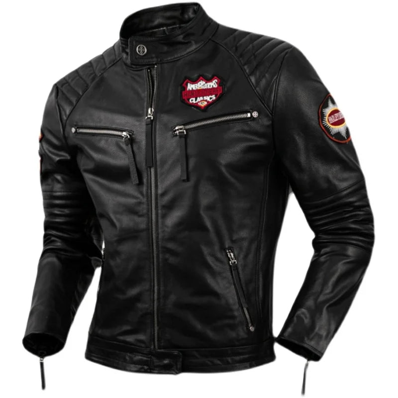 Indian Skull Embroidery Motorcycle Jacket Real Cowhide Leather Jacket Mens Motor Riding Coat Bomber Clothes Autumn Winter