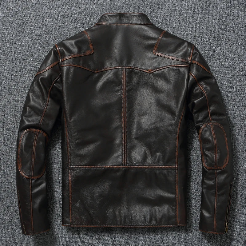 Vintage Genuine Cowhide Leather Jacket for Men Retro Motorcycle Jackets Standing Collar Genuine Leather Jacket Men