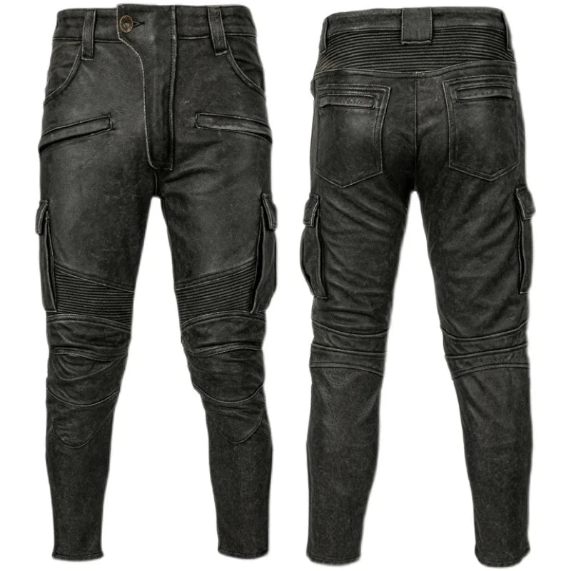 Motorcycle Leather Pant Vintage Real Cowhide Trousers Men's Motor Riding Leather Pants Biker Pant