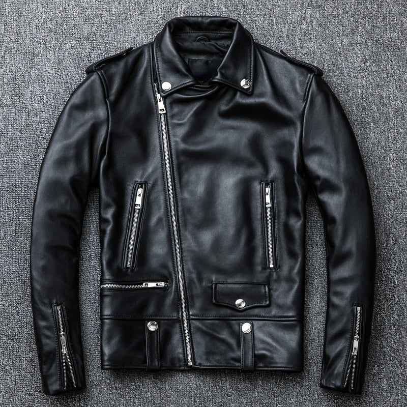 Spring and Autumn Natural Leather Jacket Black Soft Men's Motocycle Jackets Motor Clothing Biker Slim Short Coat