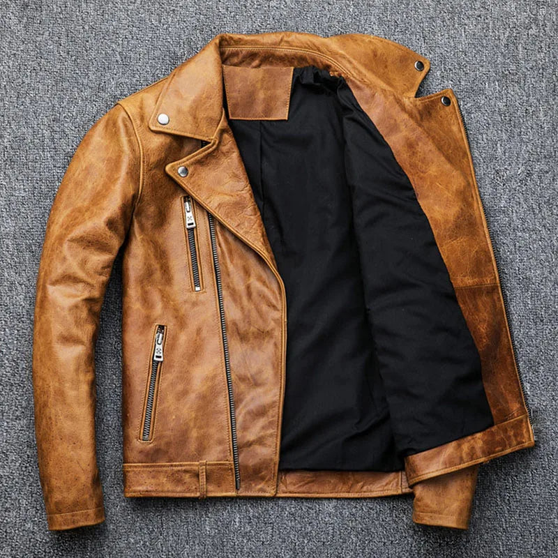 Natural Oil Wax Calf Skin Jackets Men Leather Jacket Thick Turn Down Collar Yellow Brown Men's Skin Coat Winter M098