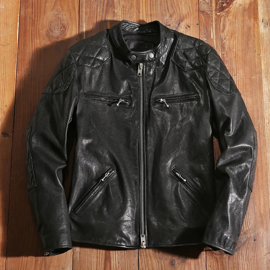 New Black  Motorcycle Biker Leather Jacket Genuine Leather Spring and Autumn Coat Slim Quality Sheepskin Soft Clothes