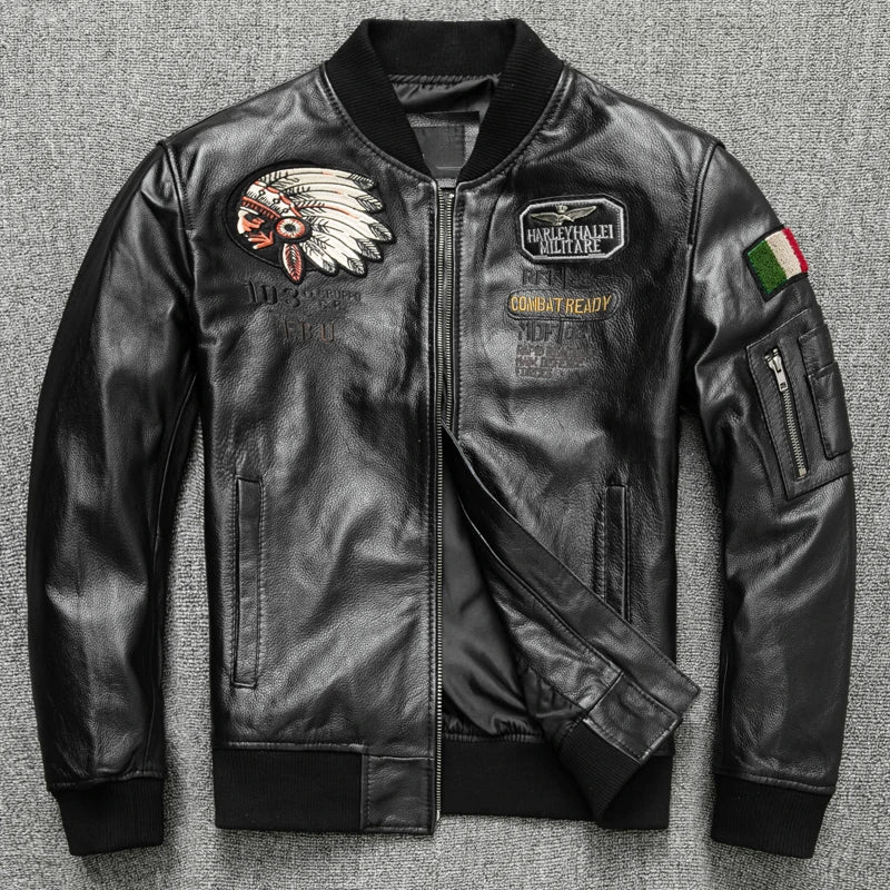 New Fashion Indian Embroidery Baseball Jacket   Natural Genuine Leather Coat Men's Cowhide Leather Motorcycle Slim Jackets