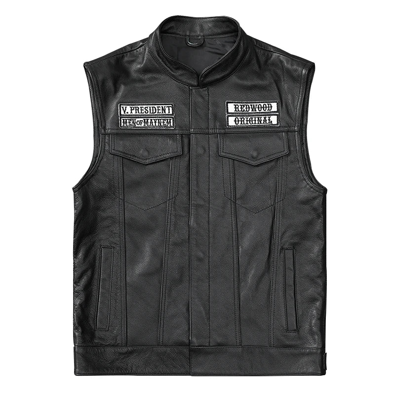 Sons of Anarchy Classical Motorcycle Biker Leather Vest Men Genuine Cowhide Leather Sleeveless Jackets Motor Vests Asian Size