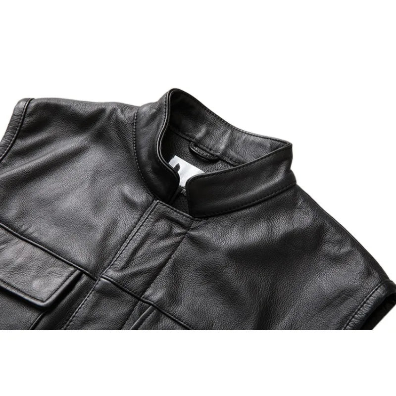 Cowhide Motorcycle Vests Real Cow Leather Jacket Sleeveless Black Moto Biker Vests Slim Fit Club Riding Spring