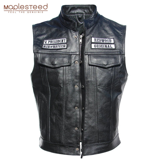 Sons of Anarchy Embroidery Motorcycle Vest Men Leather Sleeveless Jacket Real Cowhide Leather Club Riding Biker Vests M008