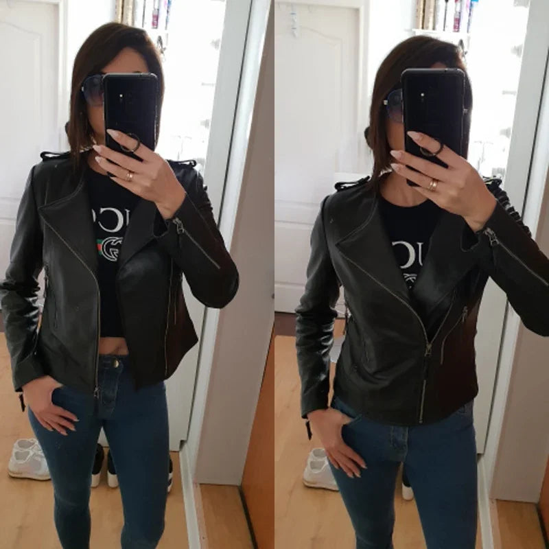 CLEARANCE Women Leather Jacket Soft 100% Sheepskin Lambskin O-Neck Black Short Female Coat Spring Autumn M046