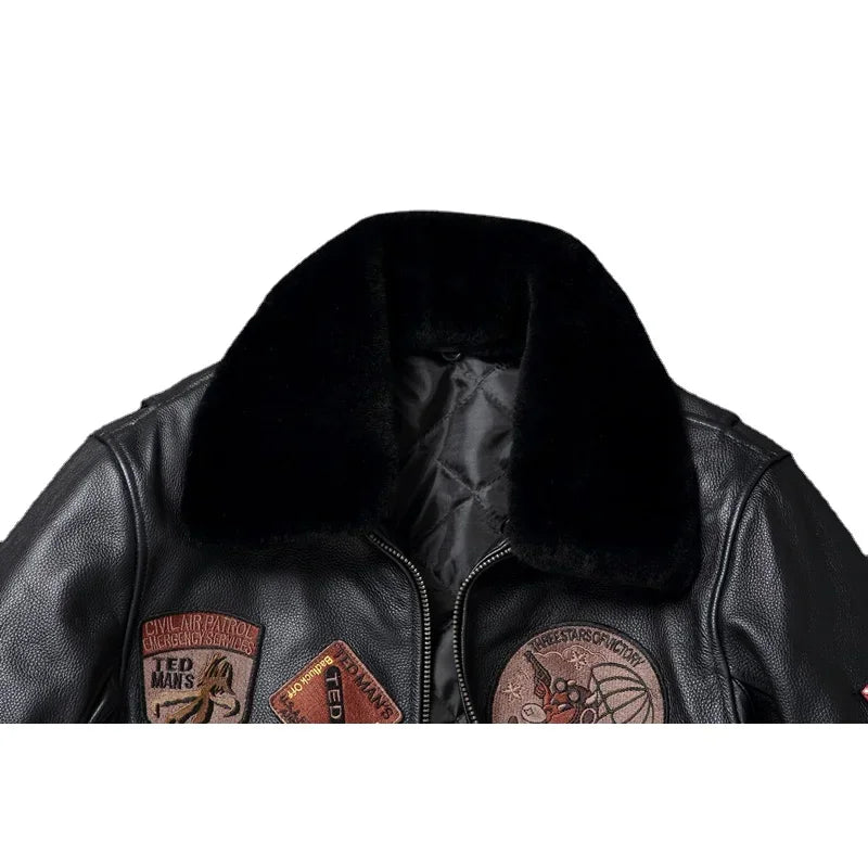 Genuine Cowhide JacketS Men Leather Jacket Thick Warm 8 Patches Flight Suit Removable Fur Collar Air Force Pilot Coat Winter