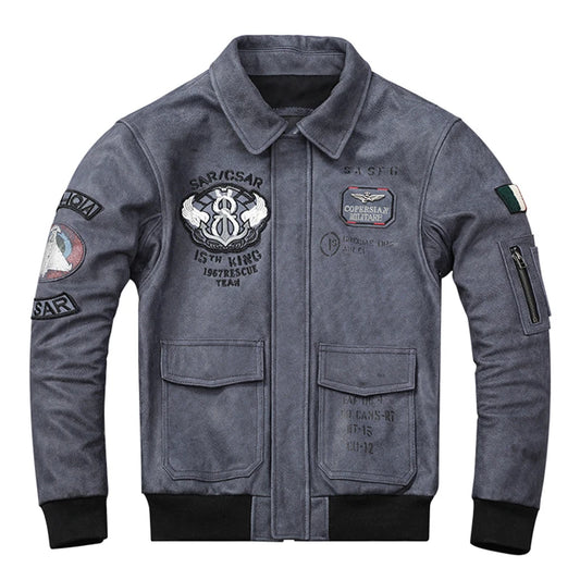 Embroidery Men Leather Jacket Top Layer Cowhide Flight Jackets Military Cow Leather Coat Biker Clothing Motorcycle Riding Coats