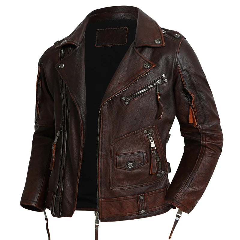 Men Leather Jacket Biker Clothes Genuine Cowhide Jackets Slim Stone Grinding Vintage Motorcycle Coat Chaquetas Moto Hombre