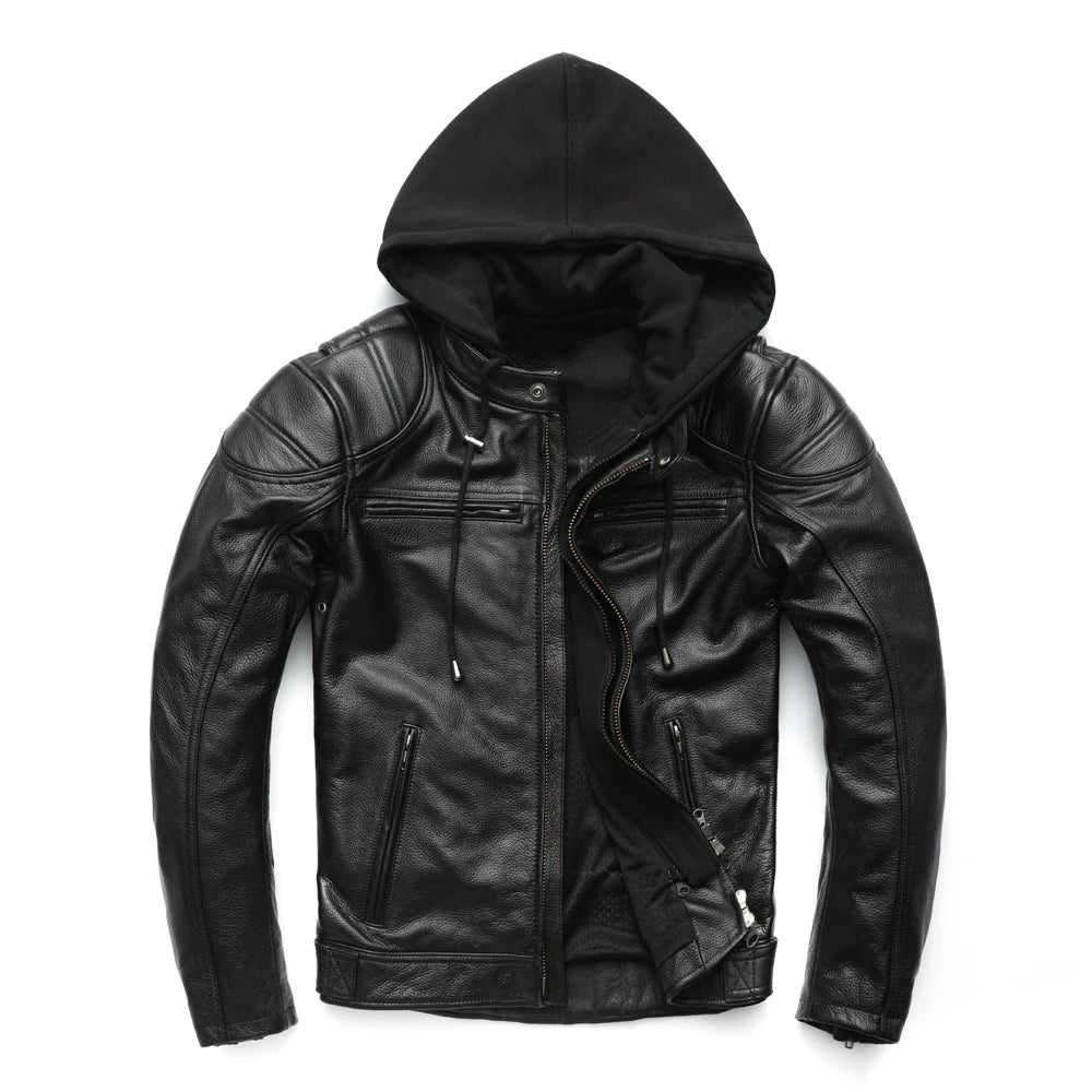 Thick Motorcycle Jacket With Hood Men Leather Jacket100% Cowhide Genuine Leather Coat Winter Biker Jacket Moto Clothing  M223