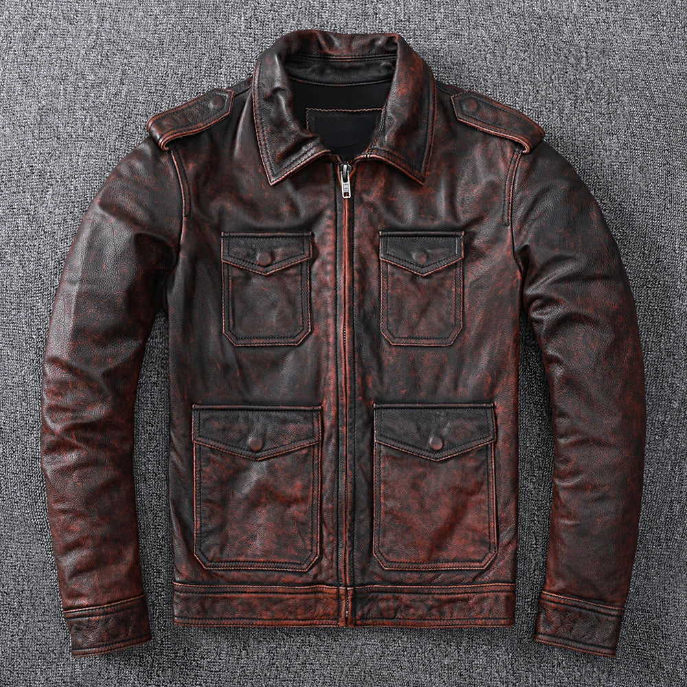 Free Shipping Vintage Brown Genuine Leather Jacket Men Natural Cowhide High Quality Coat Hunting Clothes Style