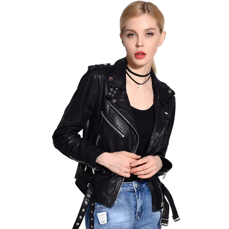 Women Genuine Leather Jacket Soft 100% Tanned Sheepskin Double Belts Female Leather Coat Ladies Biker Clothing Autumn M307