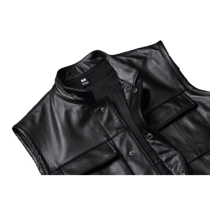 Cowhide Motorcycle Vests Real Cow Leather Jacket Sleeveless Black Moto Biker Vests Slim Fit Club Riding Spring