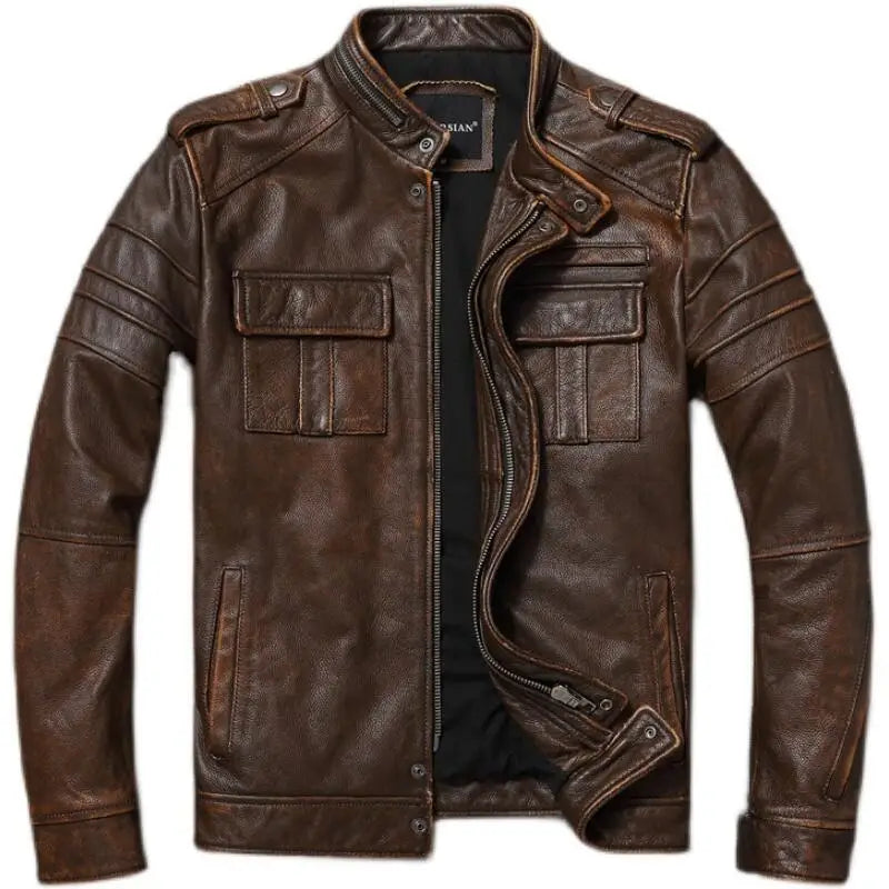 Casual Leather Jacket Men Real Cow Leather Retro Vintage Leather Jackets Mens Jackets Chaqueta De Cuero Para Hombre Casacos