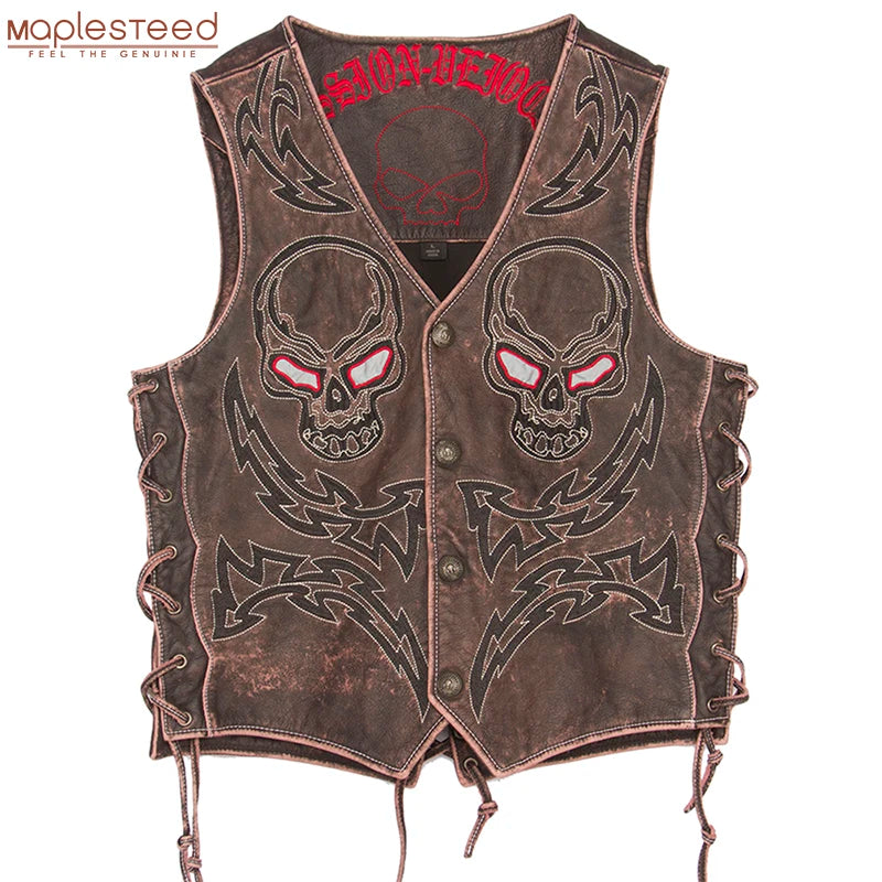 Vintage Skulls Embroidery Motorcycle Leather Vest 100% Genuine Cowhide Short Men Biker Leather Vest Moto Leather Waistcoat M450