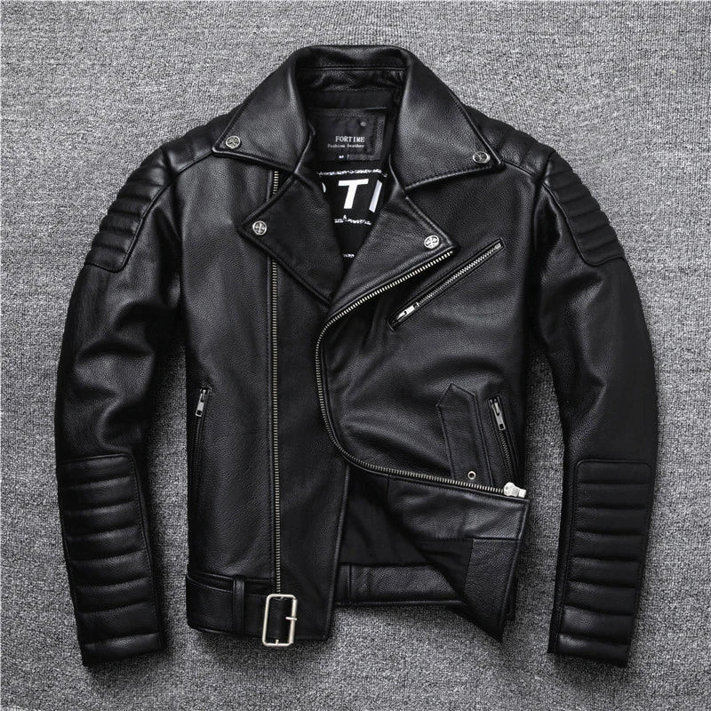 New Genuine Leather Jacket Men's Really Natural Cowhide Motorcycle Style Jackets Moto Biker Racer Slim Coat Thick Calfskin S-XL