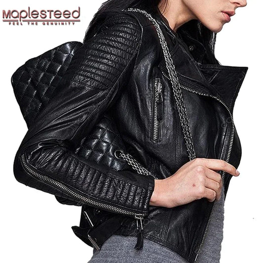 MAPLESTEED Genuine Leather Jacket Women Leather Jacket Sheepskin Black Soft Slim Fit Punk Bomber Female Leather Coat Autumn M049