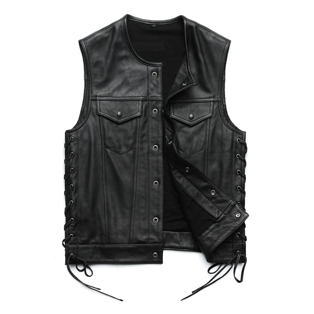 Men Leather Vest 100% Cowhide Motorcycle Vest Biker Leather Vests Moto Leather Waistcoat Asian Size M-5XL M435