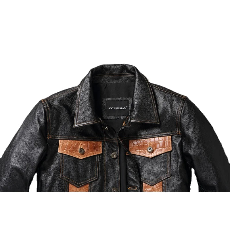 Cow Leather Patchwork Contrasting Lapel Leather Jacket for Men Casual Jacket Leather Coats  Genuine Cowhide Leather Jacket Men