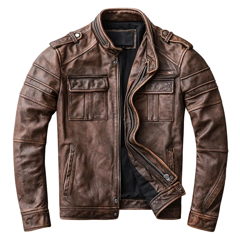 Vintage Motorcycle Jacket Men Leather Jackets 100% Genuine Cowhide Slim Fit Skin Coat Man Biker Clothing Autumn M698