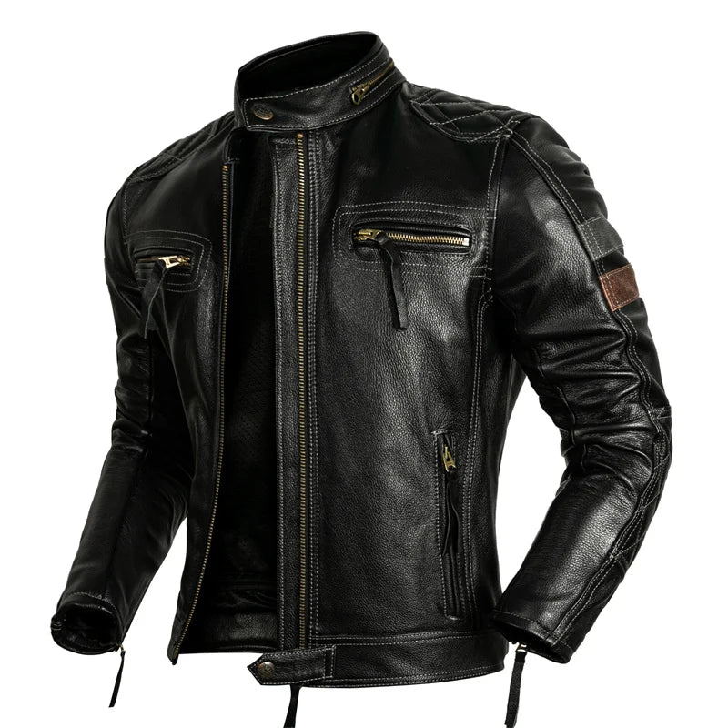 Protective Rider Clothing Natural Cow Leather Jacket Men Motor Biker Coat Mens Motorcycle Jacket Genuine Leather 2XL-5XL