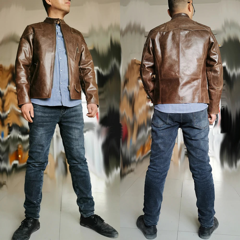 Fashion Natural Oil Waxed Top Layer Cowhide Men Leather Jacket Thick Brown Genuine Leather Coat Warm Clothes Spring Autumn M002