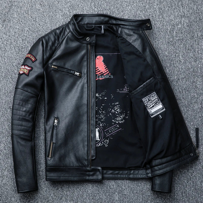 New Black Embroidery Skull Motorcycle Leather Jackets Natural Cowhide Motor Jacket Biker Leather Coat Slim Clothing Racer Coats