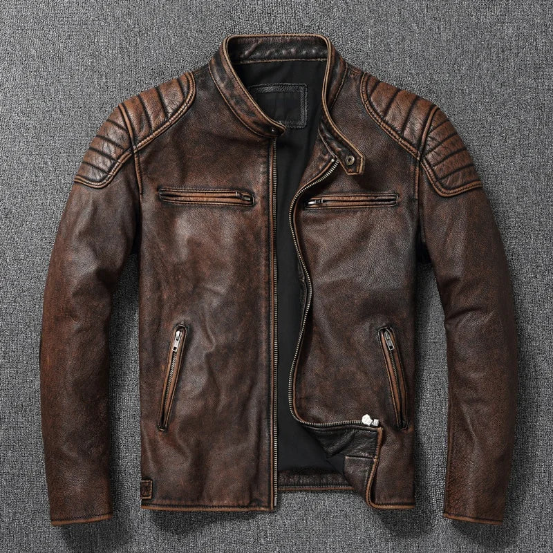 New Vintage Style Mens Real Cowhide Clothes Biker Genuine Leather Jacket Fashion Brown Leather Slim Coat Men Cow Leather Jacket