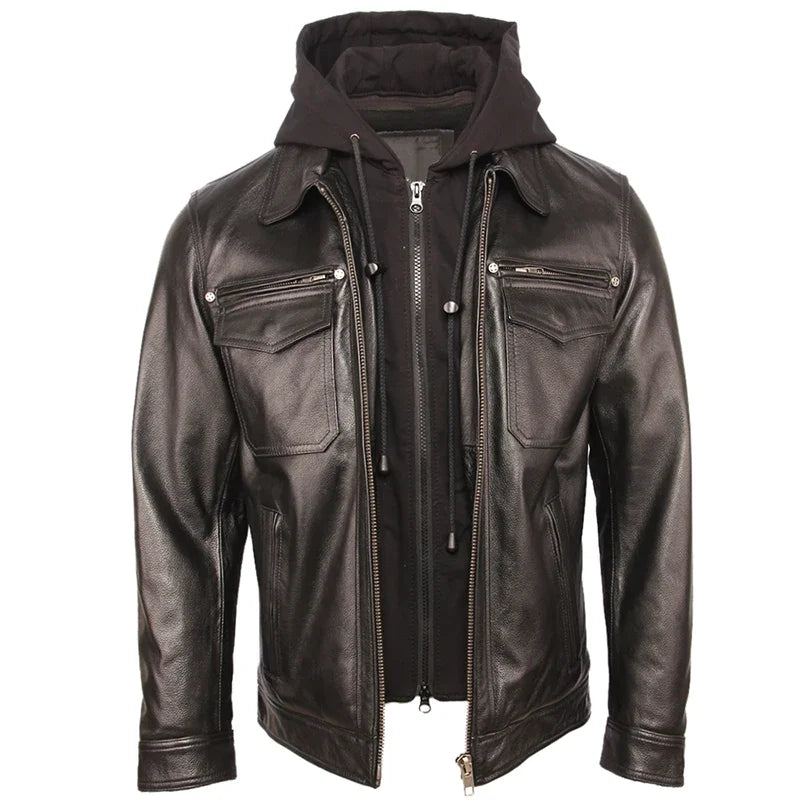 Men Jacket Quilted Hood Removable 100% Cowhide Coat Genuine Leather Jackets Man Winter  Warm Clothing M351