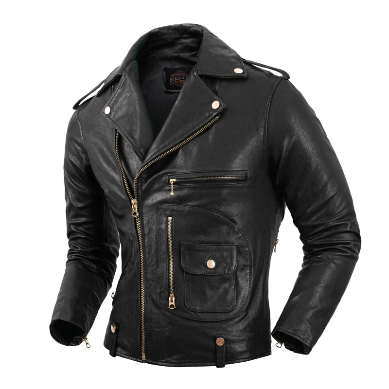 J24 Motorcycle Clothes Men Leather Jacket Vegetable Tanned Real Sheepskin Leather Jacket Slim Fit Motor Biker Clothing Autumn