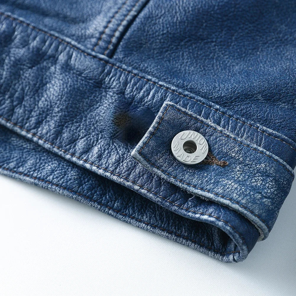 Vintage Blue Men Leather Jacket Slim Fashion 100% Natural Cowhide Jackets Man Genuine Leather Coat Autumn Spring Asian Size M234