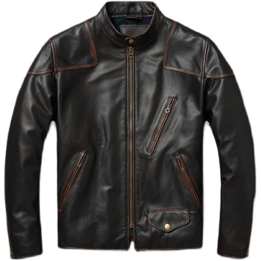 Vintage Genuine Cowhide Leather Jacket for Men Retro Motorcycle Jackets Standing Collar Genuine Leather Jacket Men